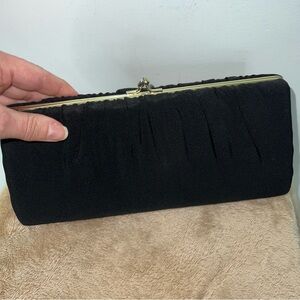 My Z Vintage Black Evening Clutch Purse with Gold Kiss Lock Chain USA Made